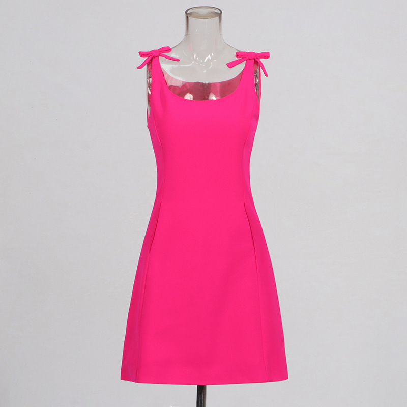 Summer new suspender bow decoration fashionable solid color temperament dress-chiquechics