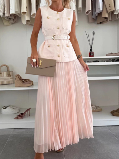 Sleeveless Chanel style vest vest mesh pleated skirt two-piece set-chiquechics