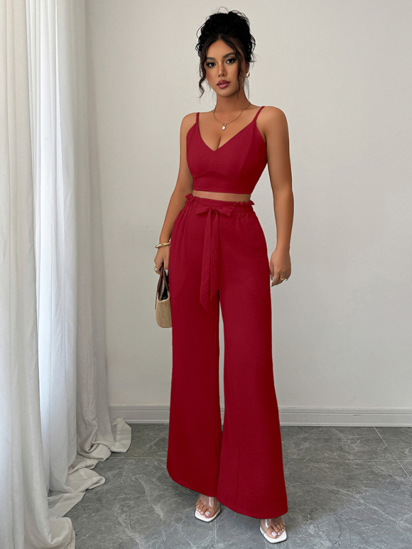Burgundy suspender vest wide-leg pants two-piece  set-chiquechics