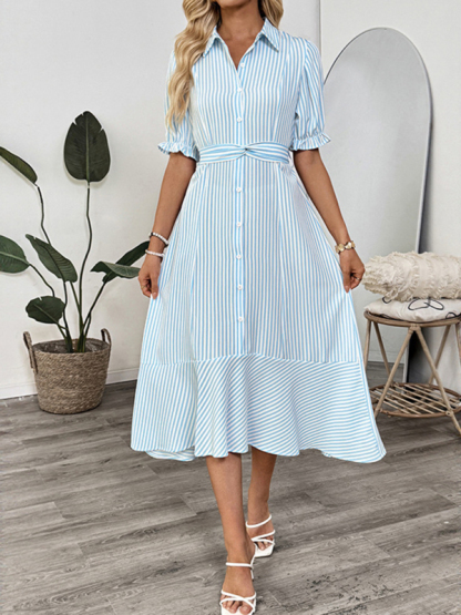 Shirt-style puff sleeve lapel striped dress-chiquechics