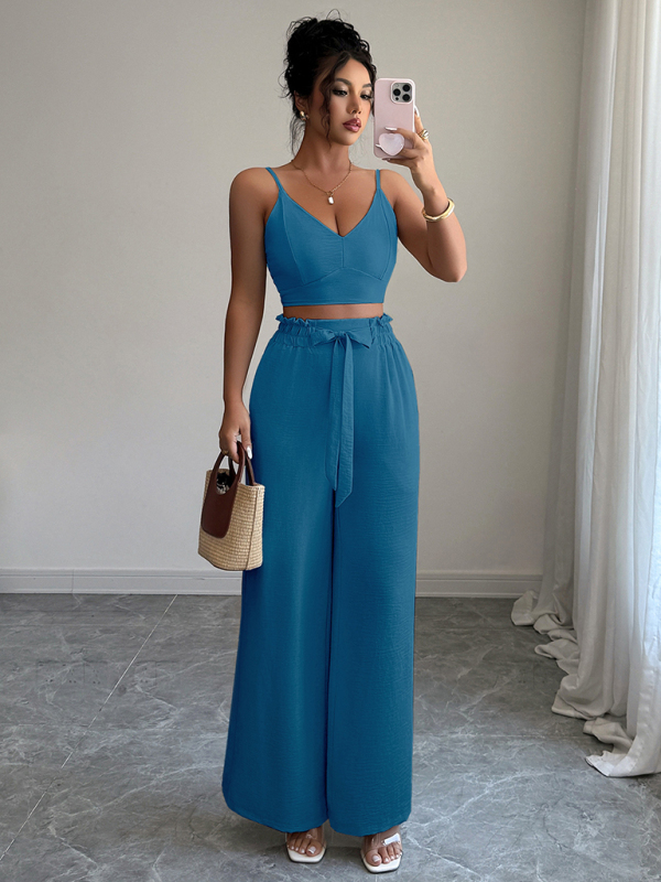 Peacock Blue Suspender Vest Wide Leg Pants Two-Piece Set-chiquechics