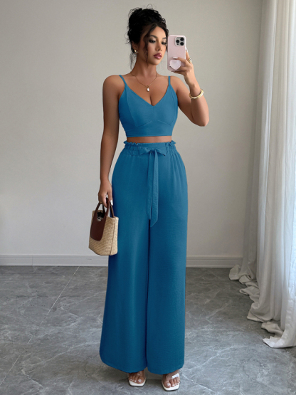 Peacock Blue Suspender Vest Wide Leg Pants Two-Piece Set-chiquechics