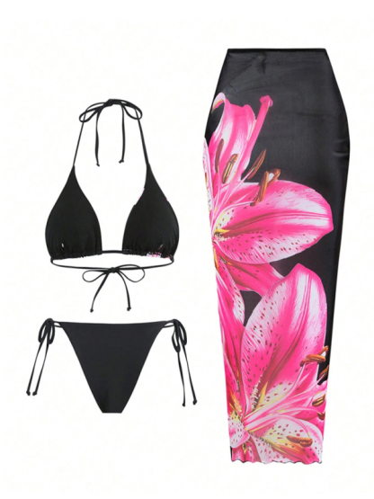 Retro flower print tropical skirt split strap beach three-piece set-chiquechics