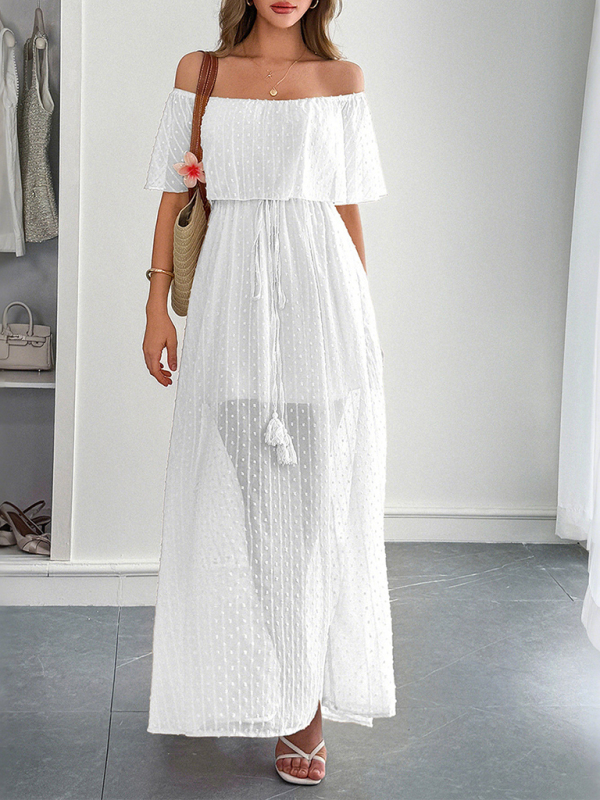 Elegant Strapless Waisted Short Sleeve Long Dress-chiquechics
