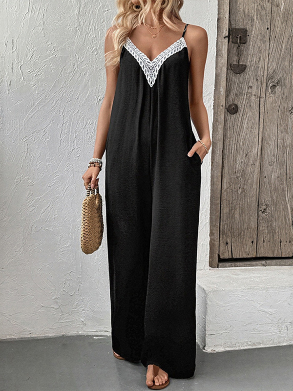 Sleeveless casual lace stitching suspenders wide-leg jumpsuit-chiquechics