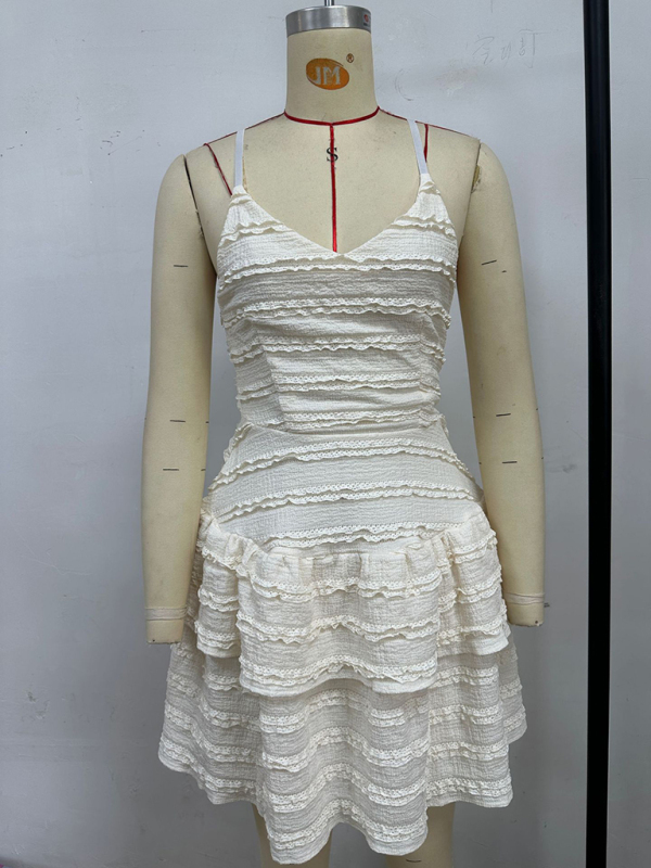 Solid color ruffle sexy suspender lace dress-chiquechics