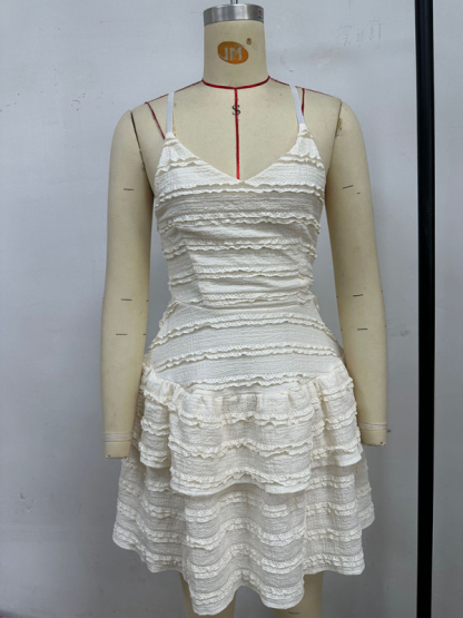 Solid color ruffle sexy suspender lace dress-chiquechics