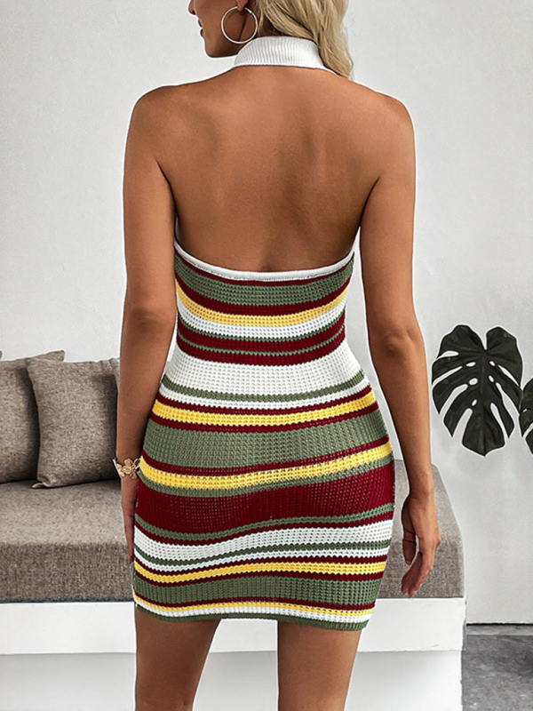 New Retro Striped Halter Neck Open Back Slim Fit Knit Dress-chiquechics