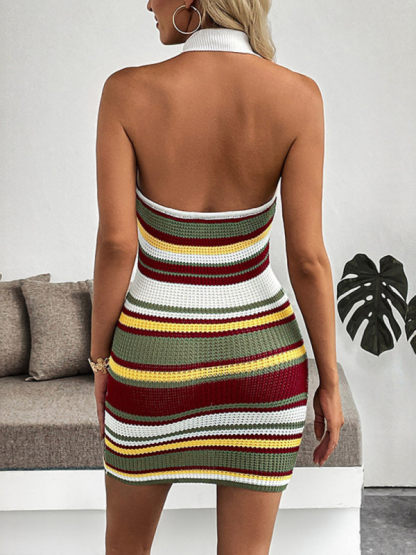 New Retro Striped Halter Neck Open Back Slim Fit Knit Dress-chiquechics
