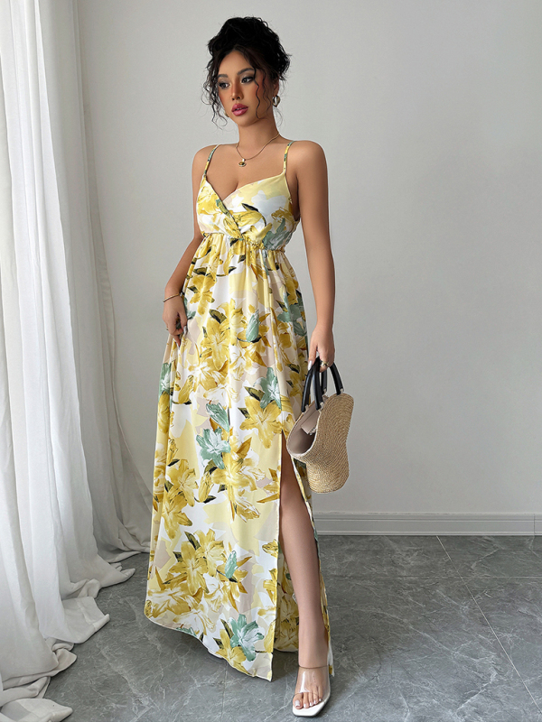 Fashionable and elegant suspender printed long dress-chiquechics