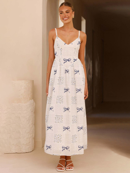 New V-neck waist holiday backless bow print dress-chiquechics