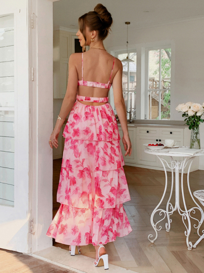 Elegant style suspender pink flower pattern layered dress-chiquechics