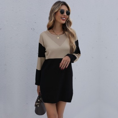 Round Neck Loose Knit Panel Contrast Sweater Dress-chiquechics