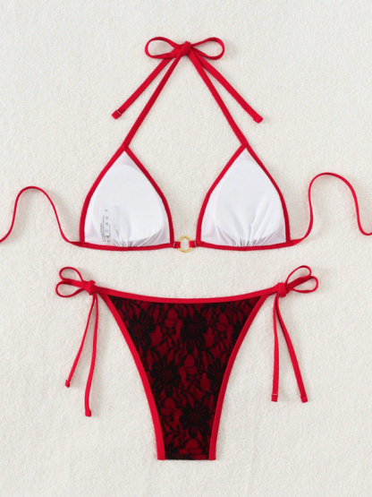 Black lace and red backless bikini swimwear-chiquechics