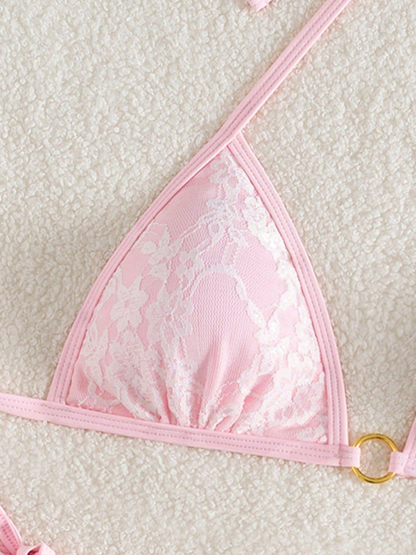 Backless white lace and pink bikini swimwear