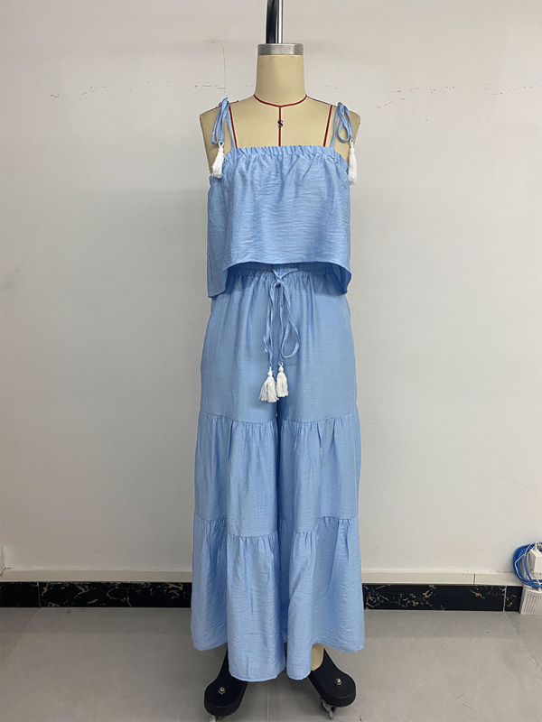 Suspender top wide-leg trousers solid color suit two-piece set-chiquechics