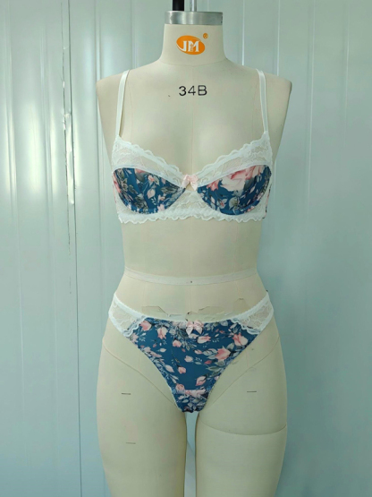 Sexy women's small floral lace patchwork printed underwear set-chiquechics