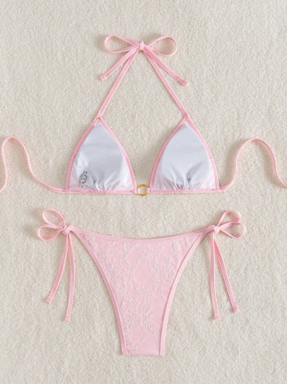 Backless white lace and pink bikini swimwear-chiquechics