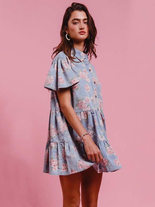 Light blue floral print denim A-line lapel shirt dress-chiquechics