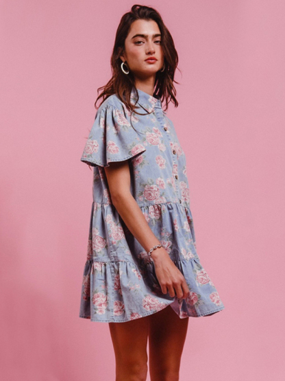 Light blue floral print denim A-line lapel shirt dress-chiquechics