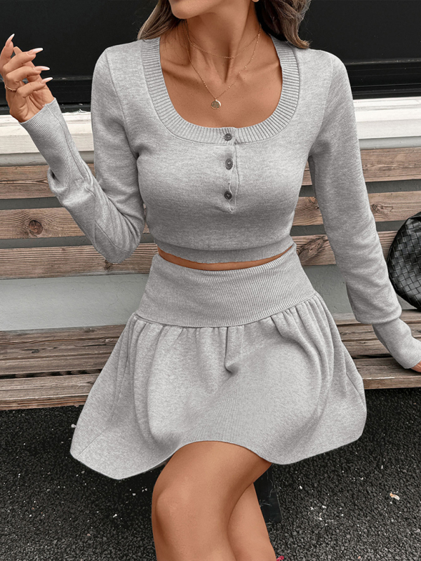 Casual round neck short belly-exposed knitted long-sleeved top + short skirt two-piece set-chiquechics