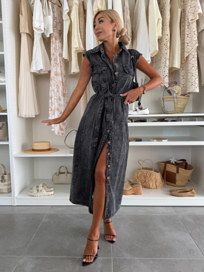 Fashion casual single breasted sleeveless denim dress-chiquechics