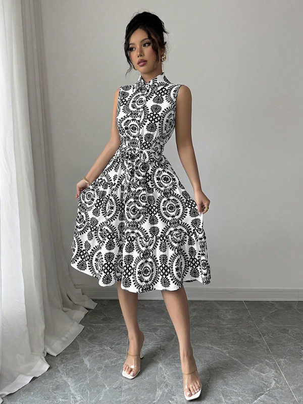 Fashionable off-shoulder waist-binding printed sleeveless dress-chiquechics