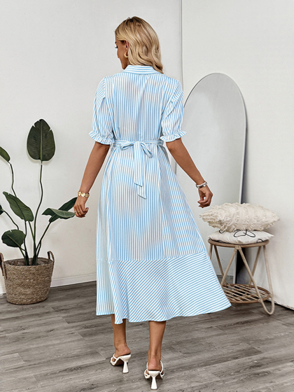 Shirt-style puff sleeve lapel striped dress-chiquechics