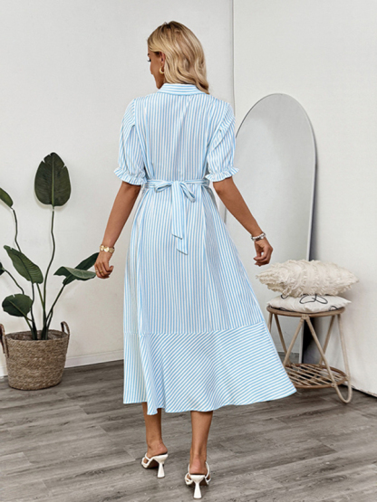Shirt-style puff sleeve lapel striped dress-chiquechics
