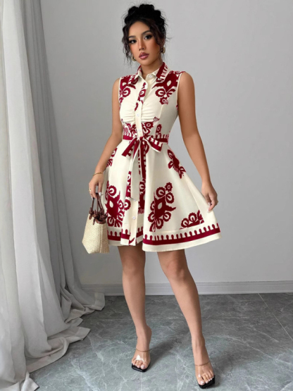 Women's Fashion Printed Waist Tie Sleeveless Dress-chiquechics