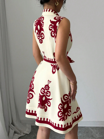 Women's Fashion Printed Waist Tie Sleeveless Dress-chiquechics