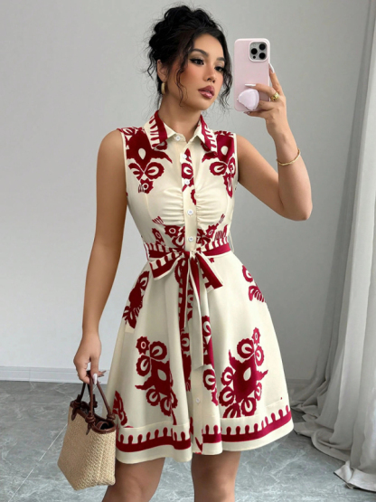 Women's Fashion Printed Waist Tie Sleeveless Dress-chiquechics