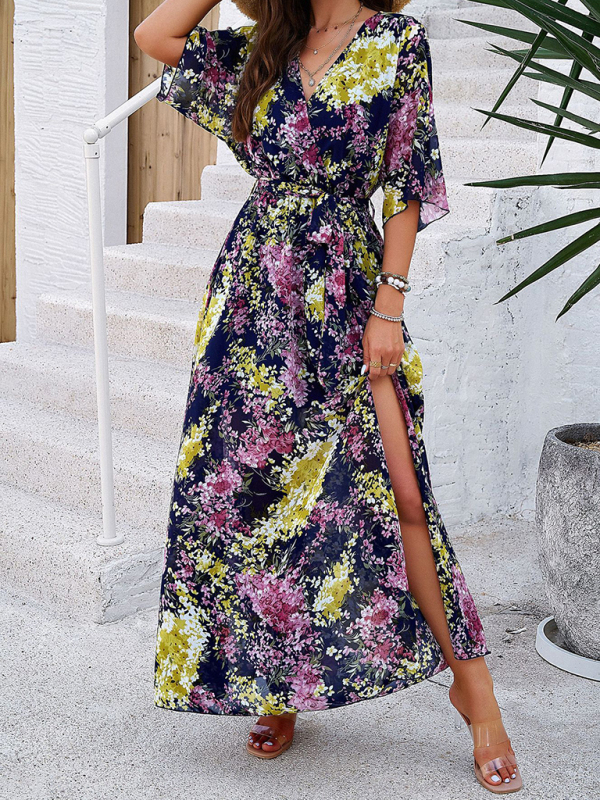 Holiday Royal Blue Printed Tie-Strap Maxi Dress-chiquechics