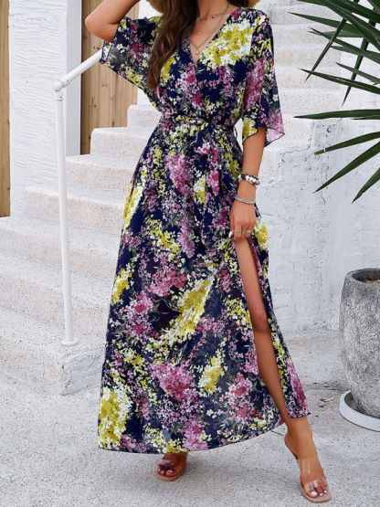 Holiday Royal Blue Printed Tie-Strap Maxi Dress-chiquechics