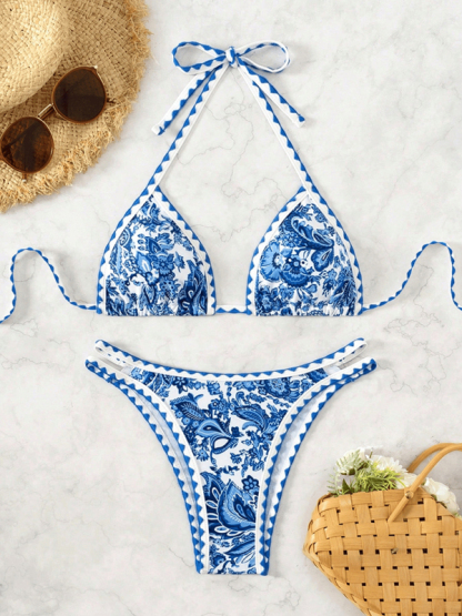 Blue Printed Halter Neck Sexy Bikini swimwear-chiquechics