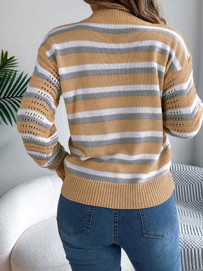 Casual hollow color block striped lantern long sleeve pullover sweater-chiquechics