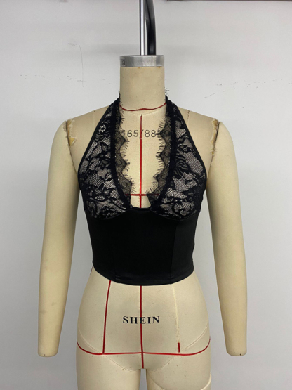 Hot Girl Party Sexy Slim Lace Holiday Halter Vest-chiquechics