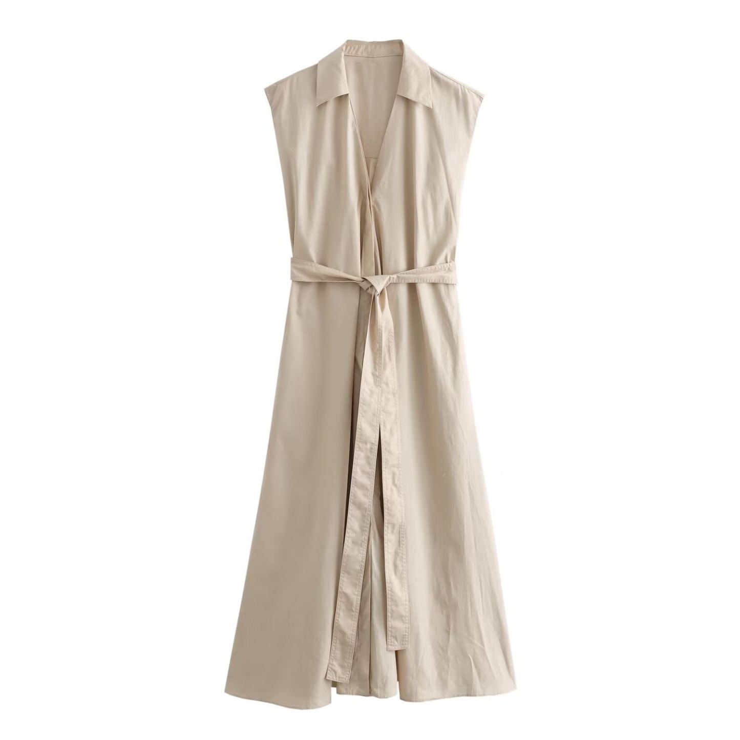V-neck single breasted belt with pleated sleeveless shirt style dress for women-chiquechics