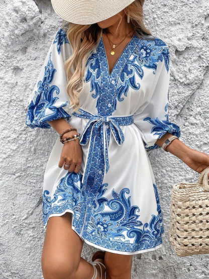 New Printed V-Neck Three-Quarter Sleeve Tie-Waist Dress-chiquechics