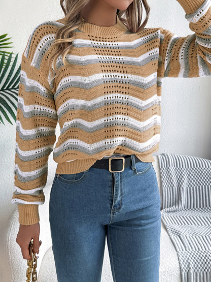 Casual hollow color block striped lantern long sleeve pullover sweater-chiquechics