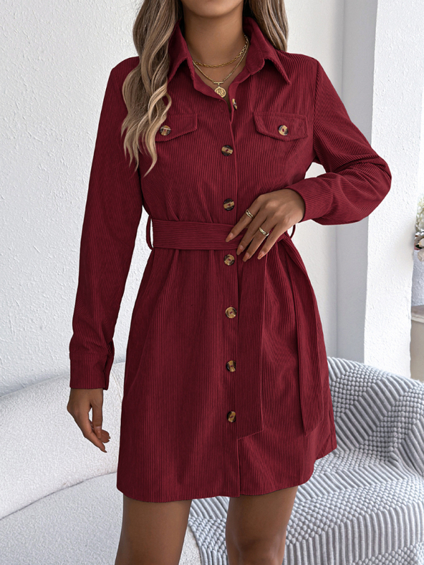 Casual solid color single-breasted long-sleeved tie corduroy shirt dress-chiquechics