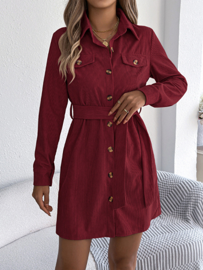 Casual solid color single-breasted long-sleeved tie corduroy shirt dress-chiquechics