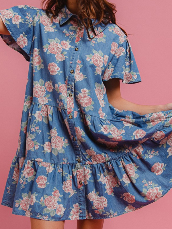 Blue Floral Print Denim A-Line Lapel Shirt Dress-chiquechics