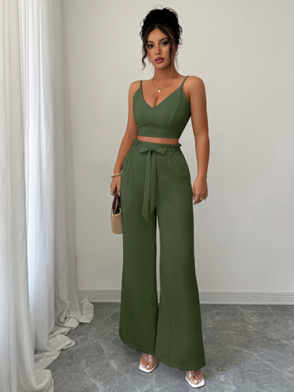 Army Green Suspender Vest Wide Leg Pants Two-Piece Set-chiquechics