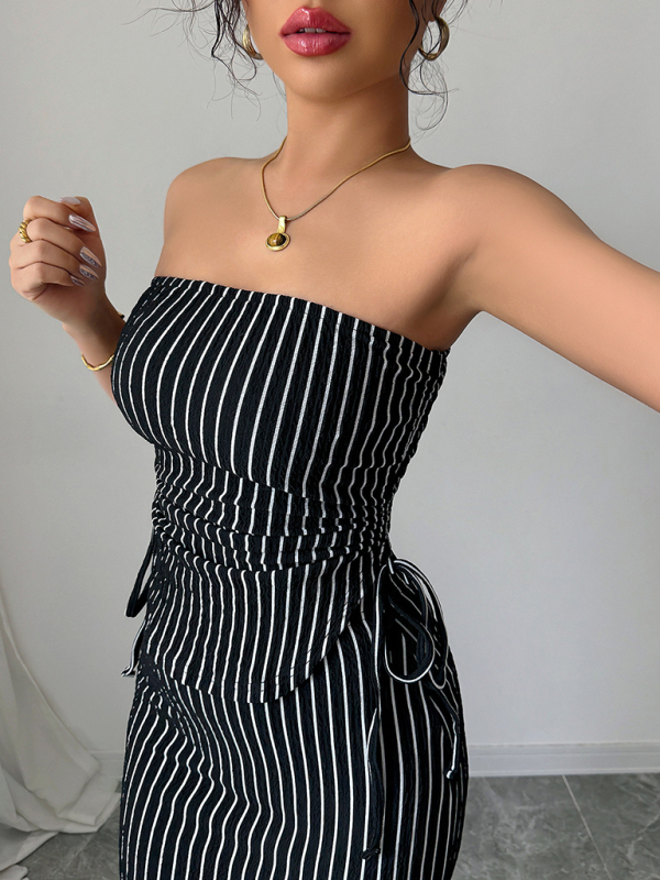 Elegant striped strappy tube top hip skirt suit-chiquechics