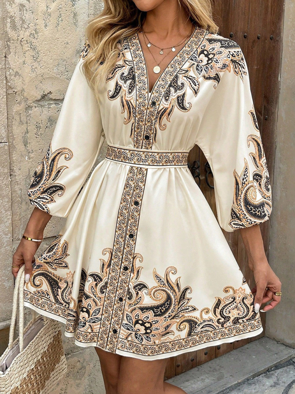New Printed V-Neck Three-Quarter Sleeve Tie-Waist Dress-chiquechics