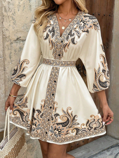 New Printed V-Neck Three-Quarter Sleeve Tie-Waist Dress-chiquechics