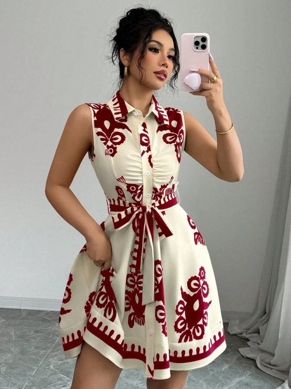 Women's Fashion Printed Waist Tie Sleeveless Dress-chiquechics