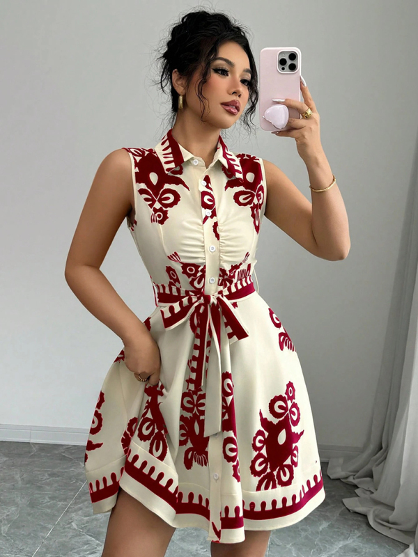 Women's Fashion Printed Waist Tie Sleeveless Dress-chiquechics
