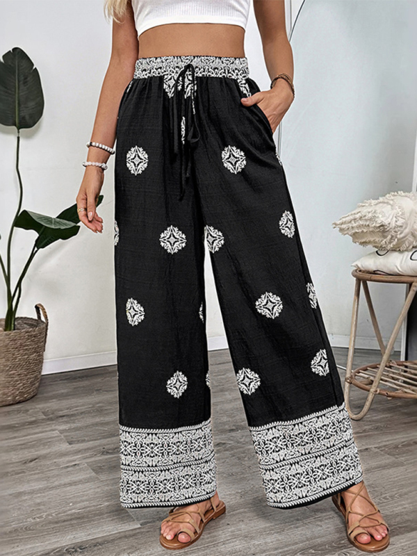 Ethnic style printed elastic waist drawstring casual comfortable straight pants-chiquechics